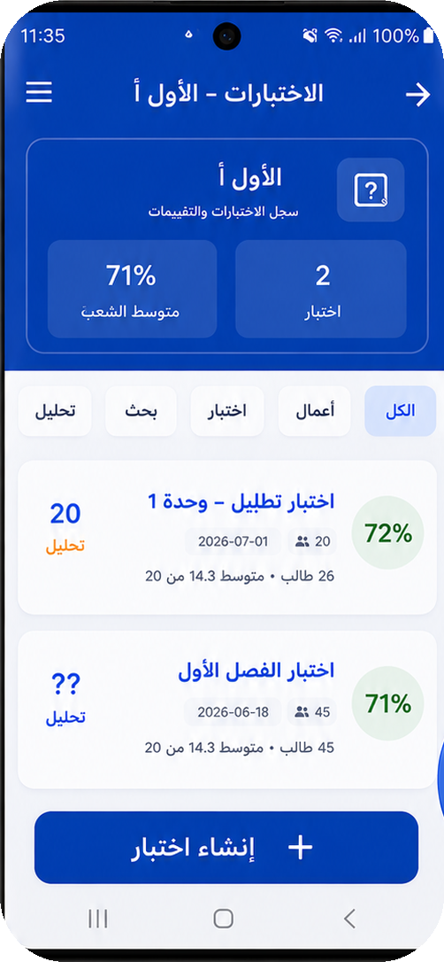 لقطة من شاشة تحليل نتائج الاختبارات في تطبيق معيار المعلم