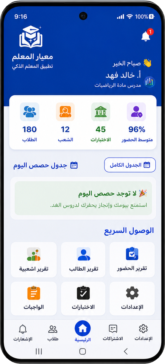 الشاشة الرئيسية لتطبيق معيار المعلم لإدارة الشعب والطلاب